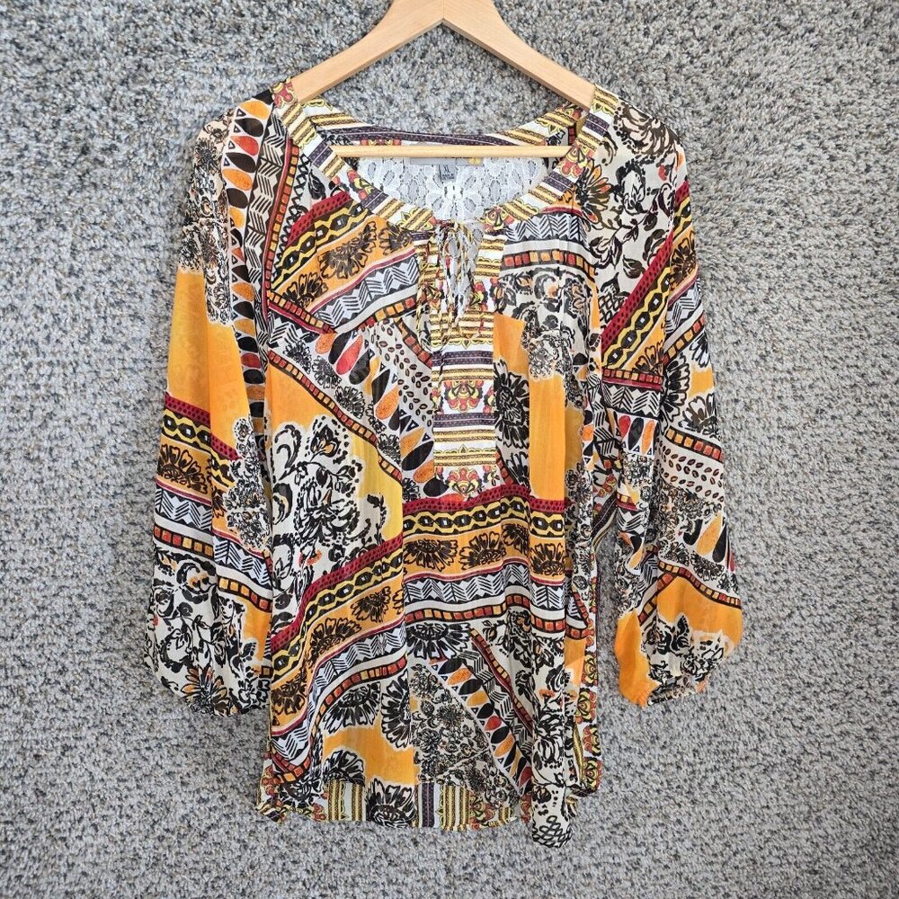 Figueroa &‎ Flower Top Womens XL Yellow Printed Sheer V Neck Tie Blouse Casual